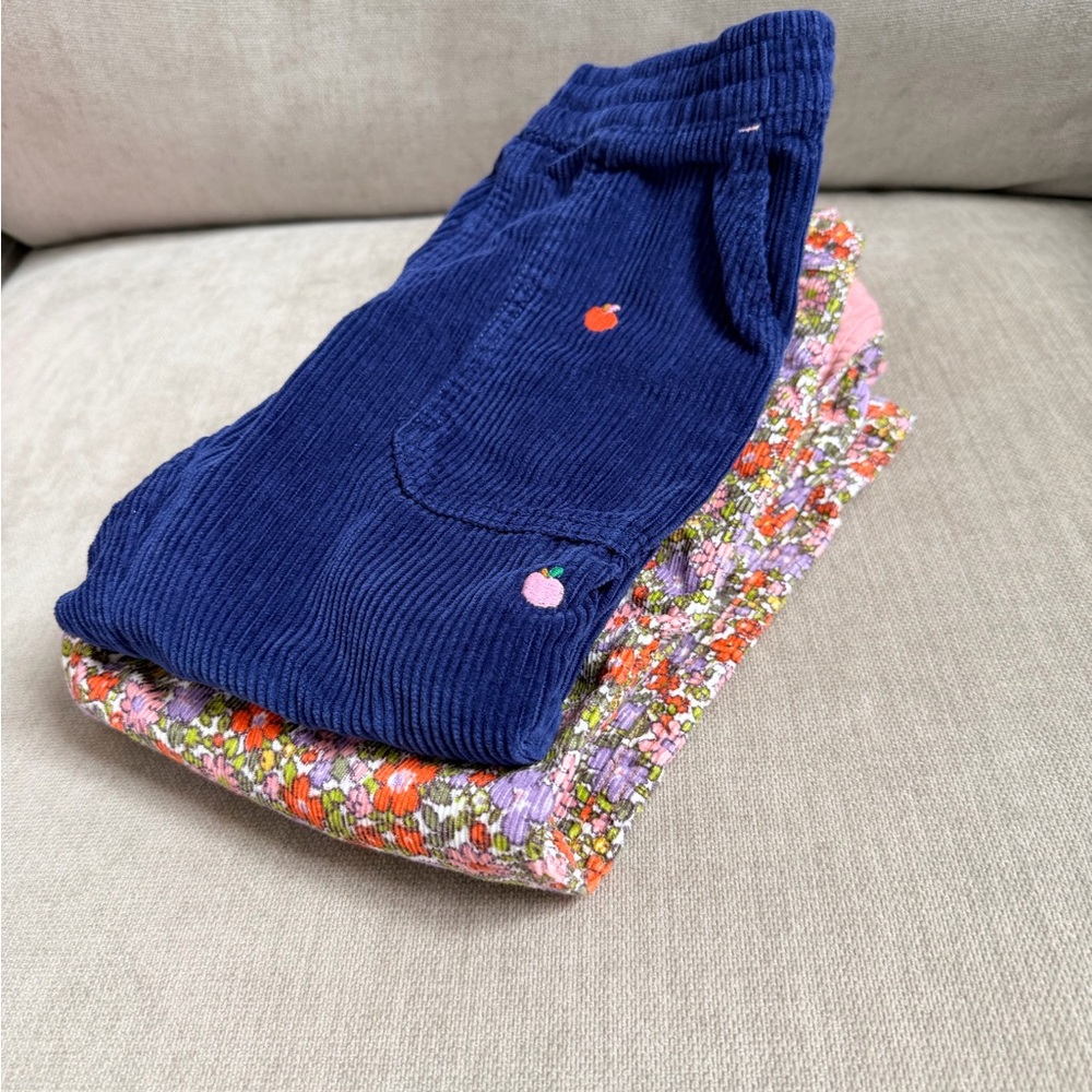 Mini Boden Set: Navy Corduroy Kids Pants and Floral Corduroy Overalls (sz 4-5)